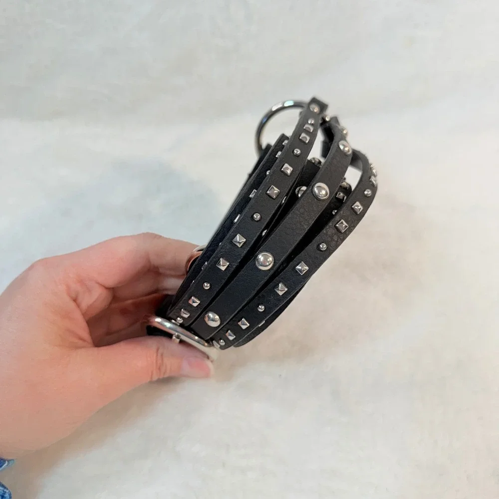 Womens Black Faux Leather Triple Strand Studded Belt Silver O-Ring Punk‎ Size L